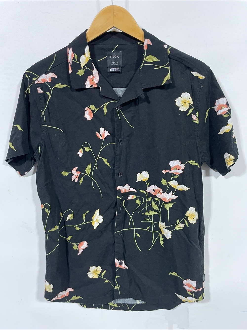 RVCA Black Floral Short-Sleeve Button-Down Shirt with Pink and Cream Blooms